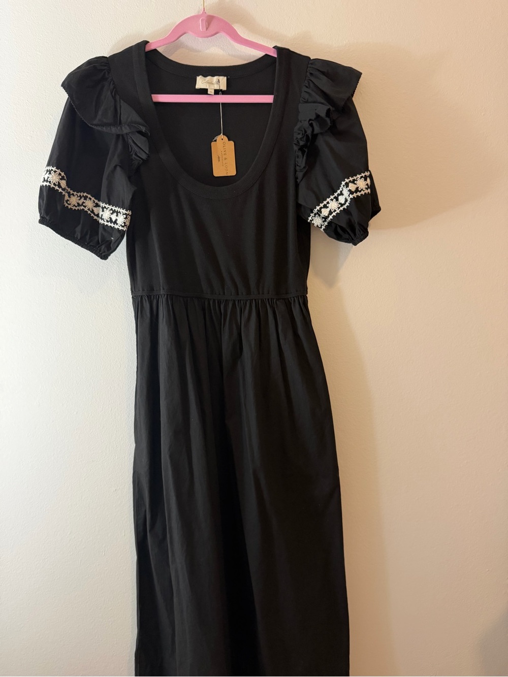 Cleobella Black Puff-Sleeve Dress with White Embroidered Trim